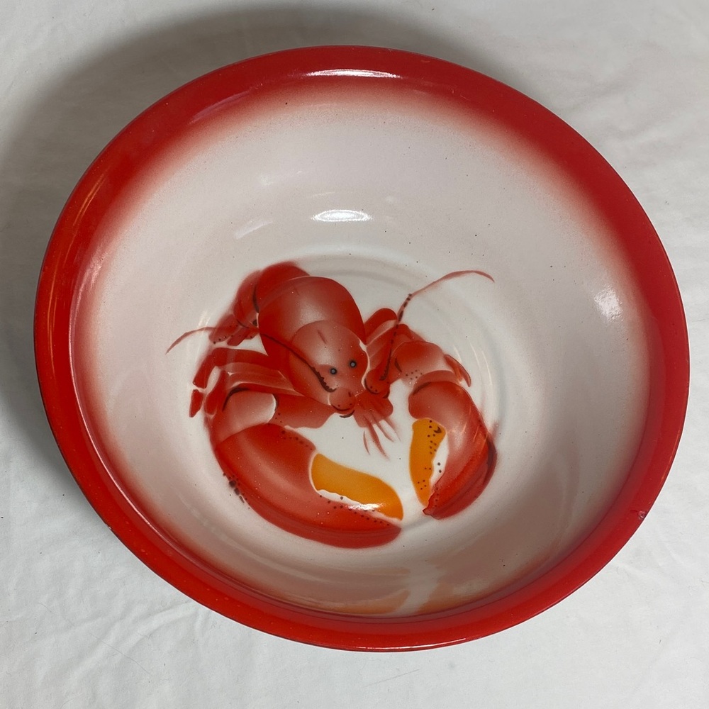 Vintage Red and Orange Lobster Enamelware Metal Bowl by Bon Voyage